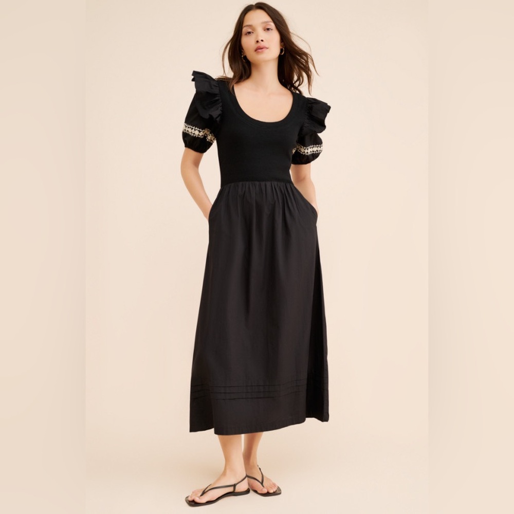 Cleobella Selma Midi Dress in Black with Ivory embroidery
